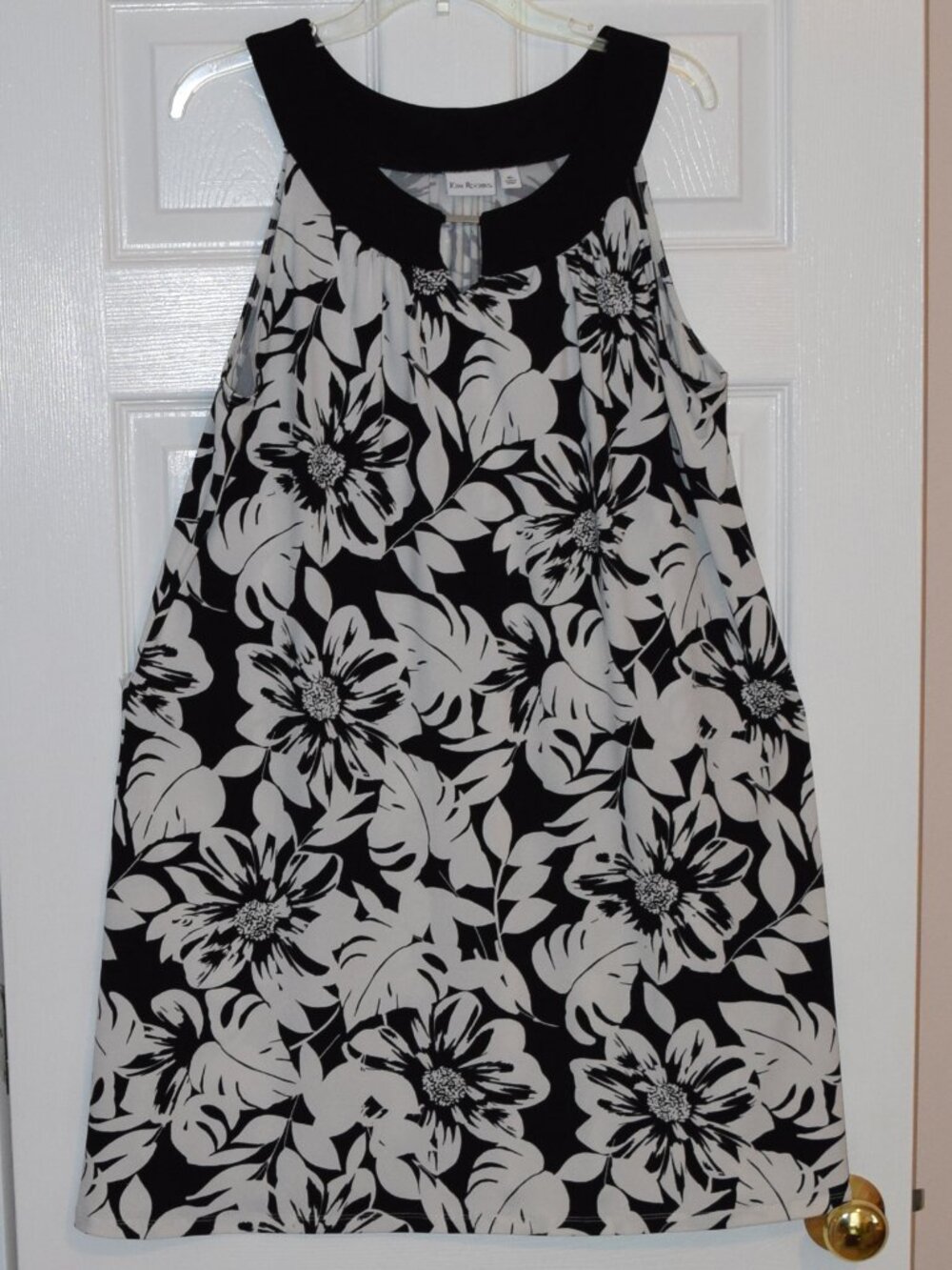 Kim Rogers XL Black White Floral Sleeveless A-Line Knit Dress Polyester Spandex